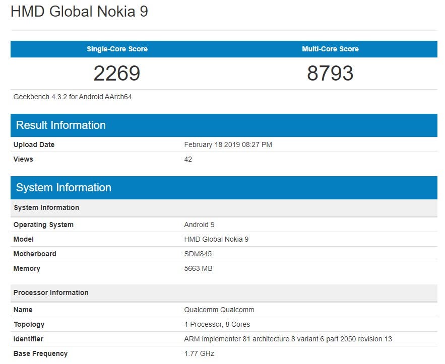 Nokia 9 PureView Geekbench