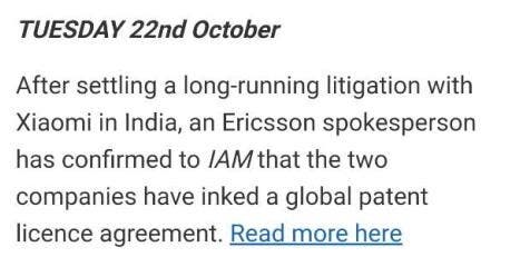 Xiaomi and Ericsson patent