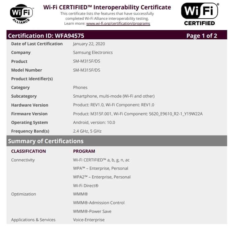 Samsung Galaxy M31 Certified by Wi-Fi Alliance