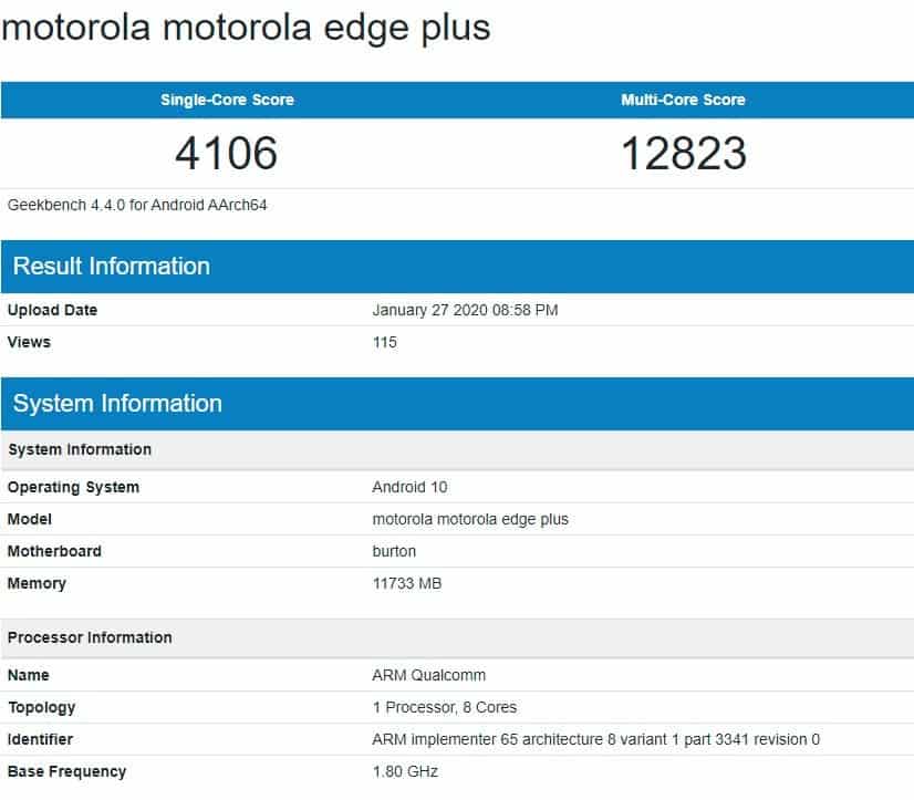 Motorola Edge+ geekbench