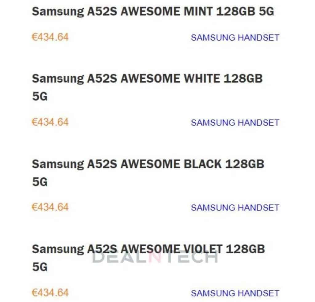 Samsung Galaxy A52s Retailer Listing