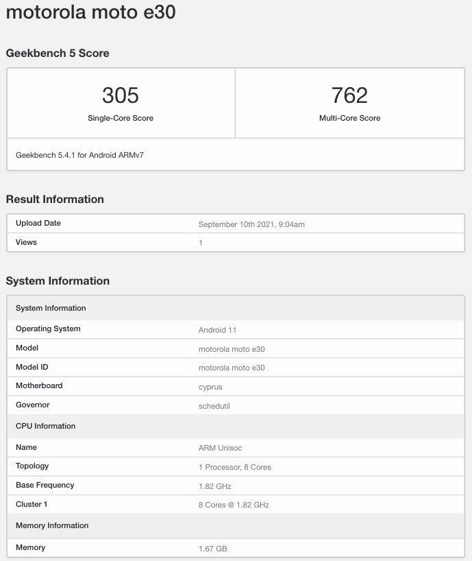 Moto E30 Geekbench listing