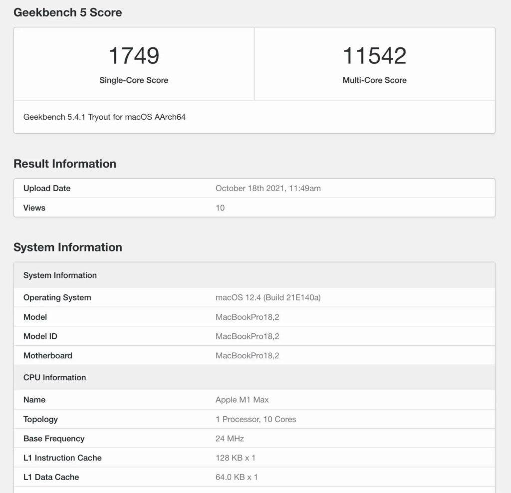 Apple MacBook Pro M1 Max Geekbench scores