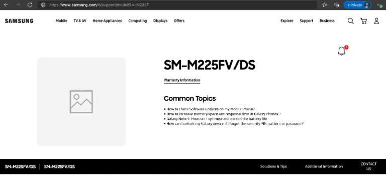 Samsung Galaxy M22 Support Page on Samsung India