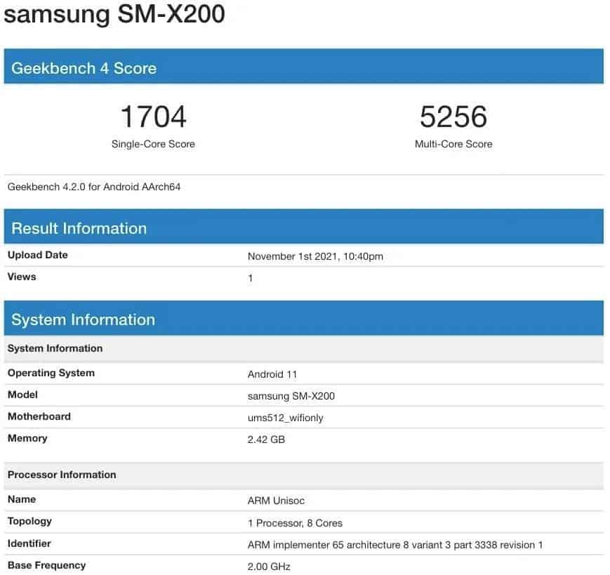 Samsung Galaxy Tab A8 SM-X200 Geekbench