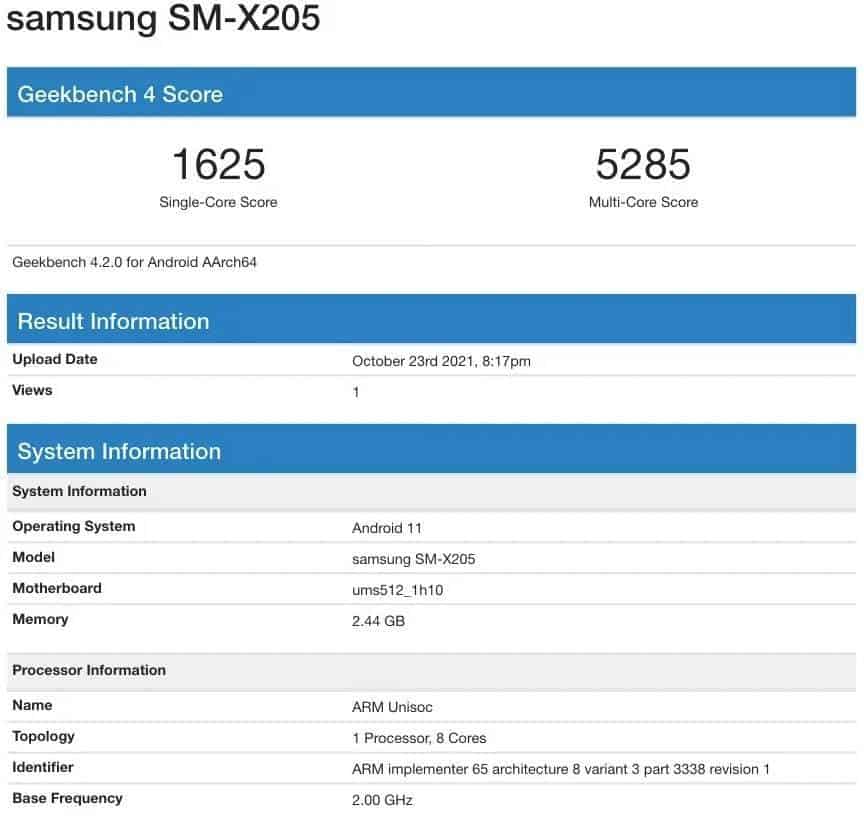 Samsung Galaxy Tab A8 SM-X205 Geekbench