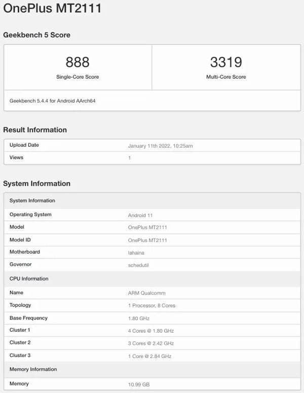 OnePlus 9RT Indian variant Geekbench