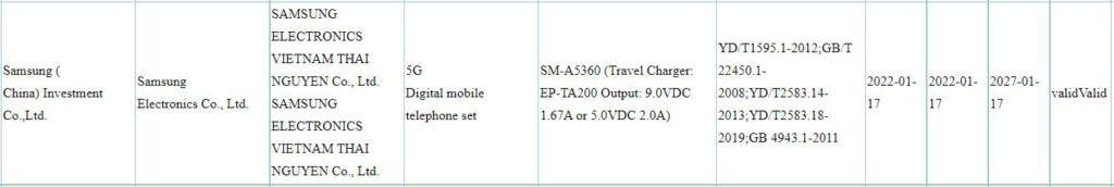 Samsung Galaxy A53 5G 3C listing