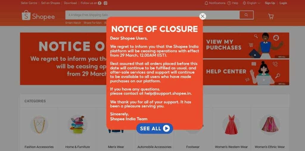 Shopee India notice of closure