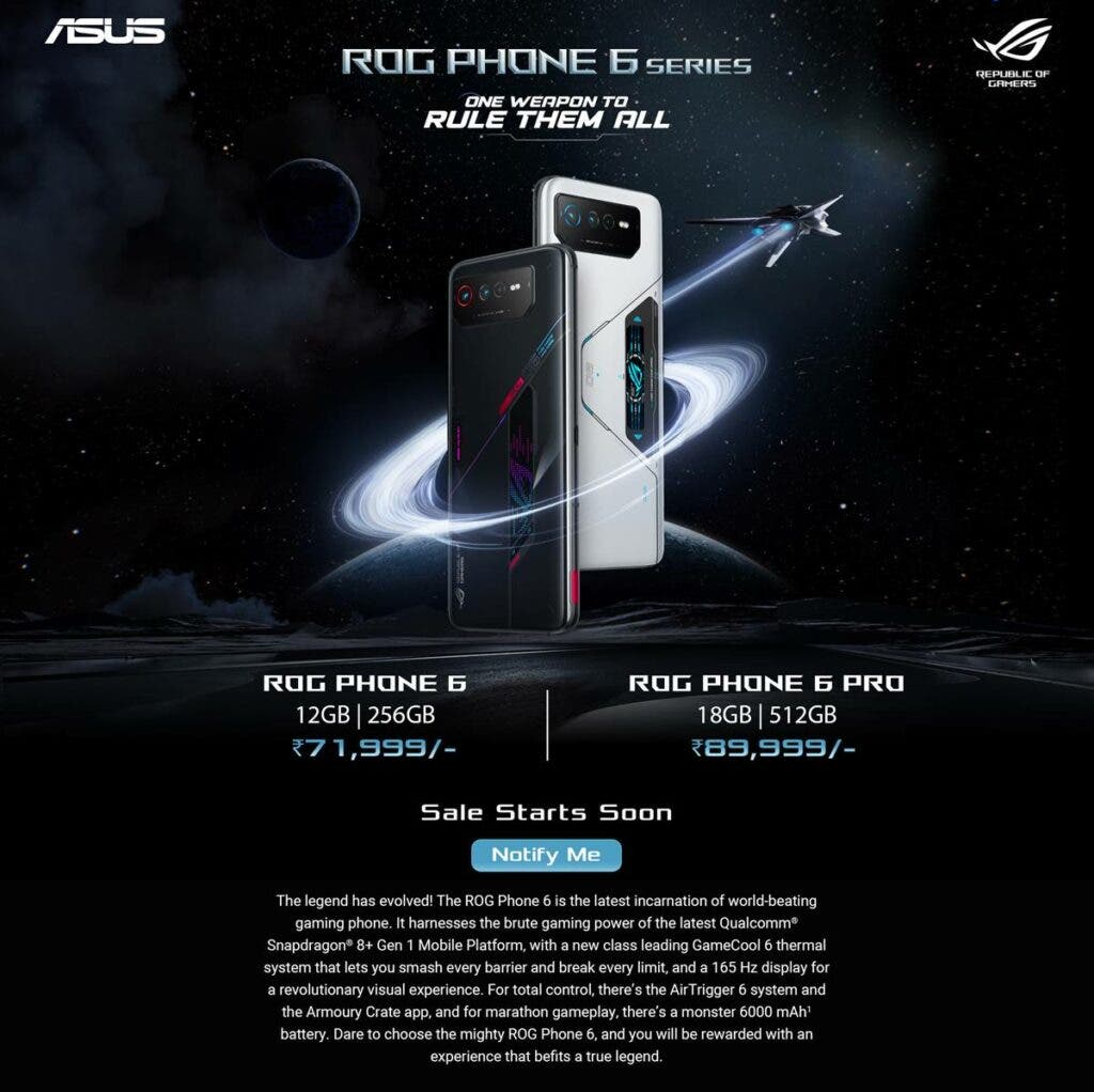 Asus ROG Phone 6 series price in India