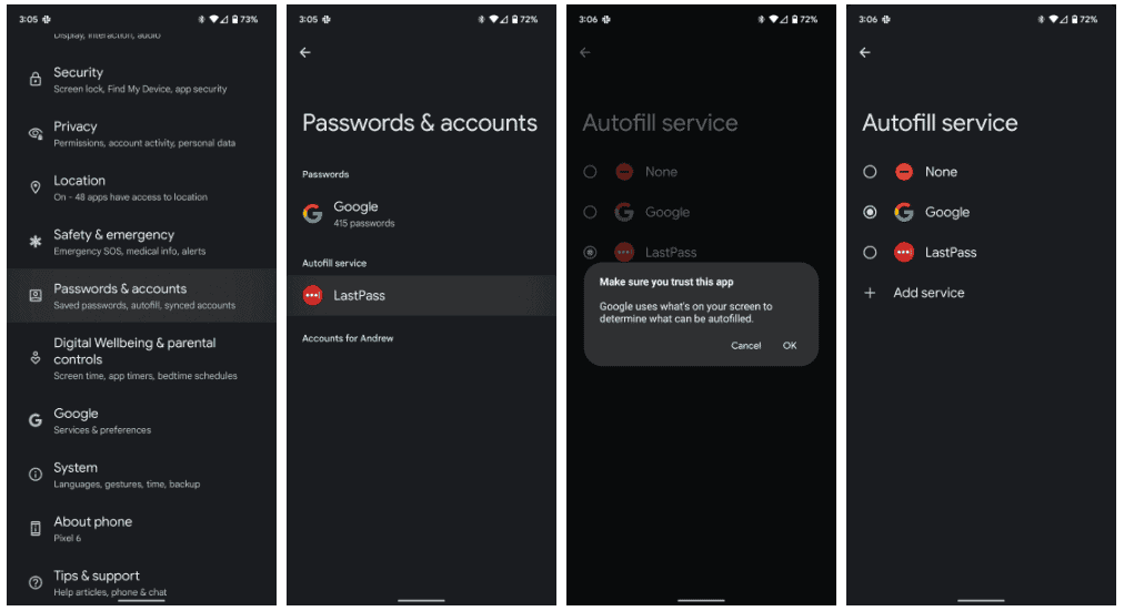 password autofill on Pixel