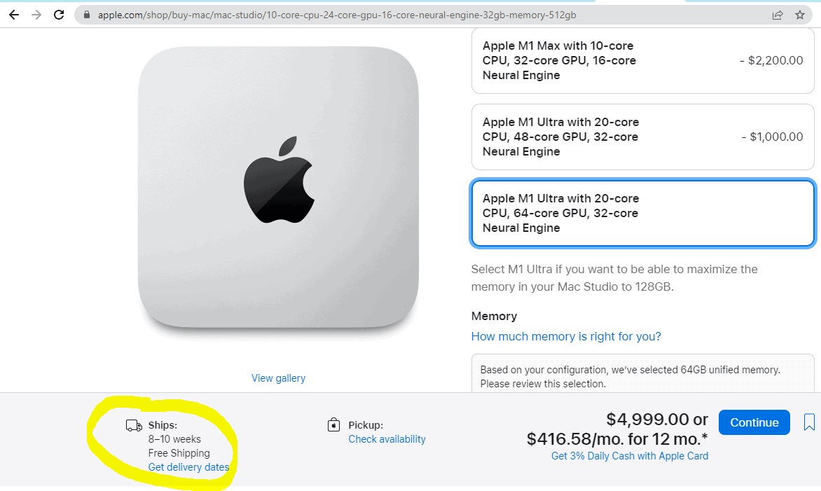 Apple Mac Studio delivery time