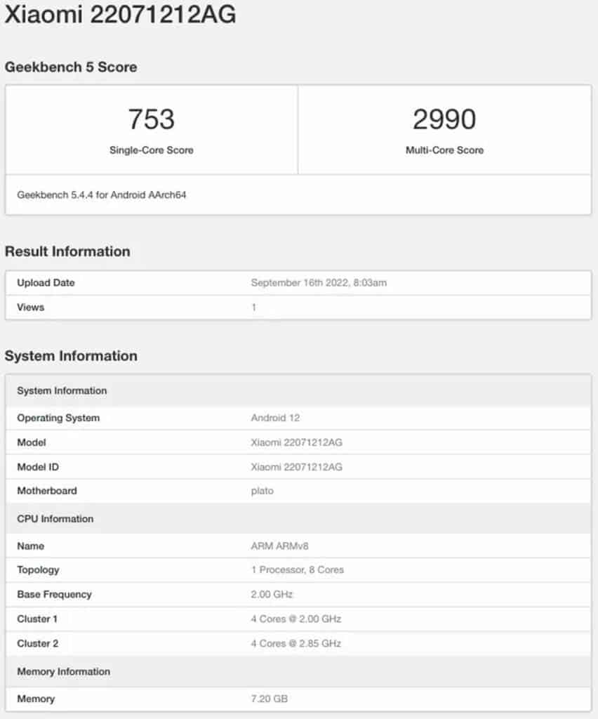 Xiaomi 12T Geekbench listing
