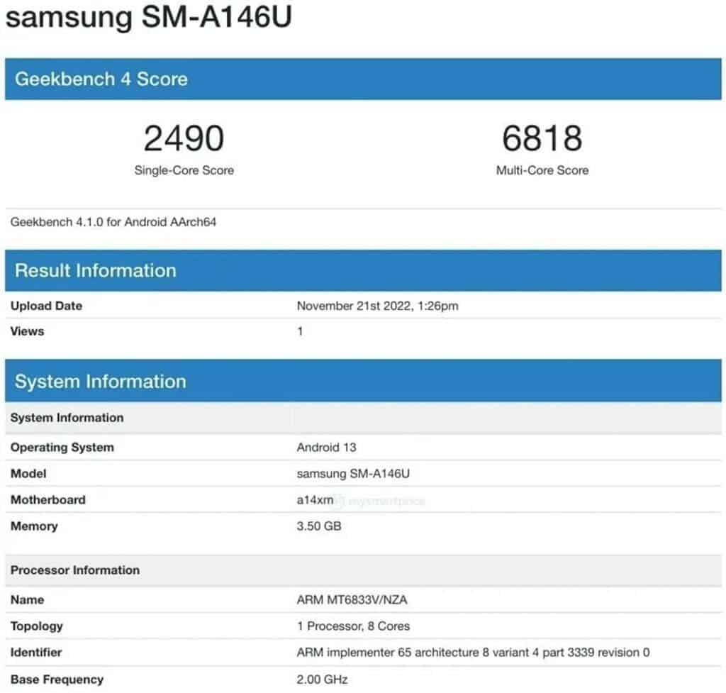 Samsung Galaxy A14 5G US version Geekbench