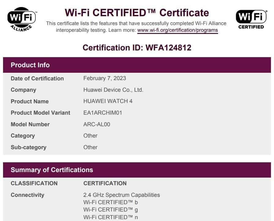 Certificación Wi-Fi del Huawei Watch 4