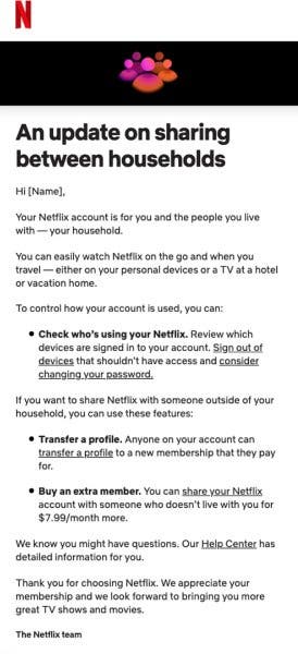 Netflix account sharing US Warning Mail