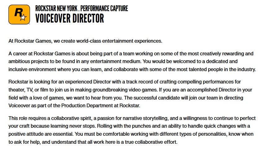 Rockstar Games Voiceover Director Job Listing