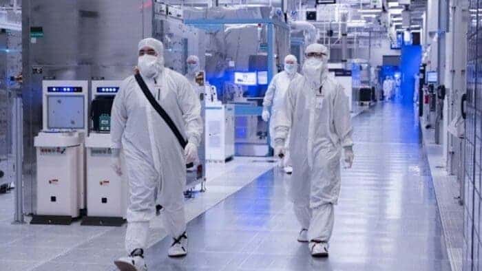 Workers in a chip plant