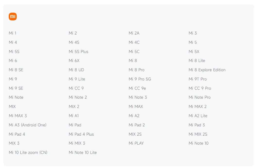 Full Updated List Xiaomi Mi Phones