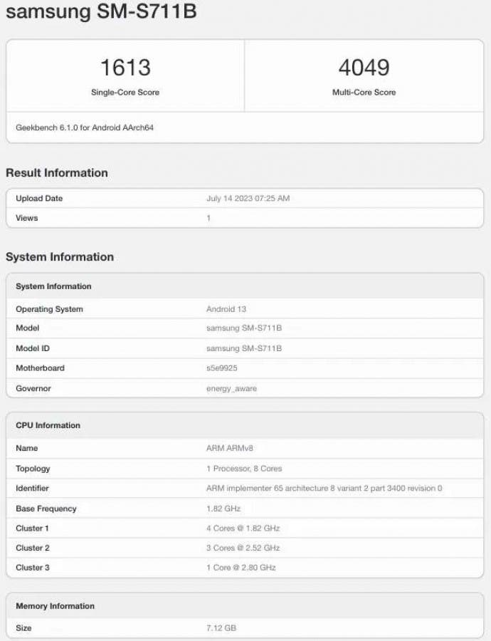 Samsung Galaxy S23 FE Geekbench Listing of Global version