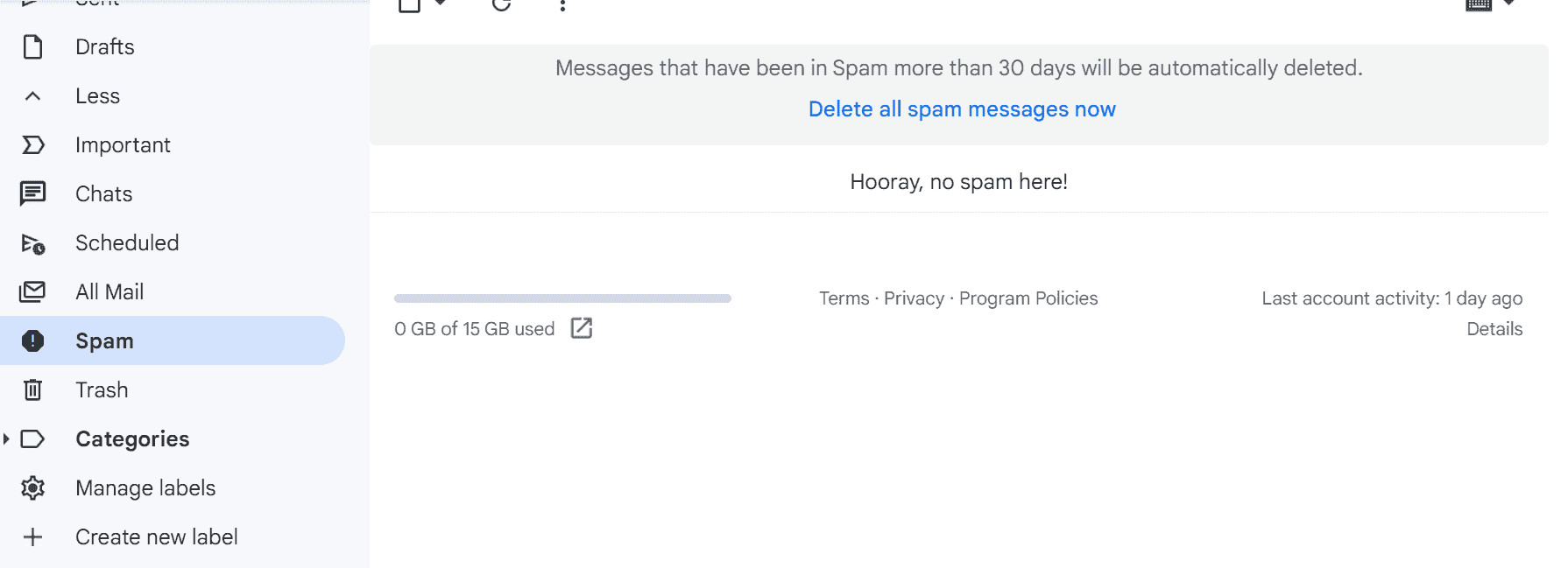 Удаление папки со спамом в Gmail