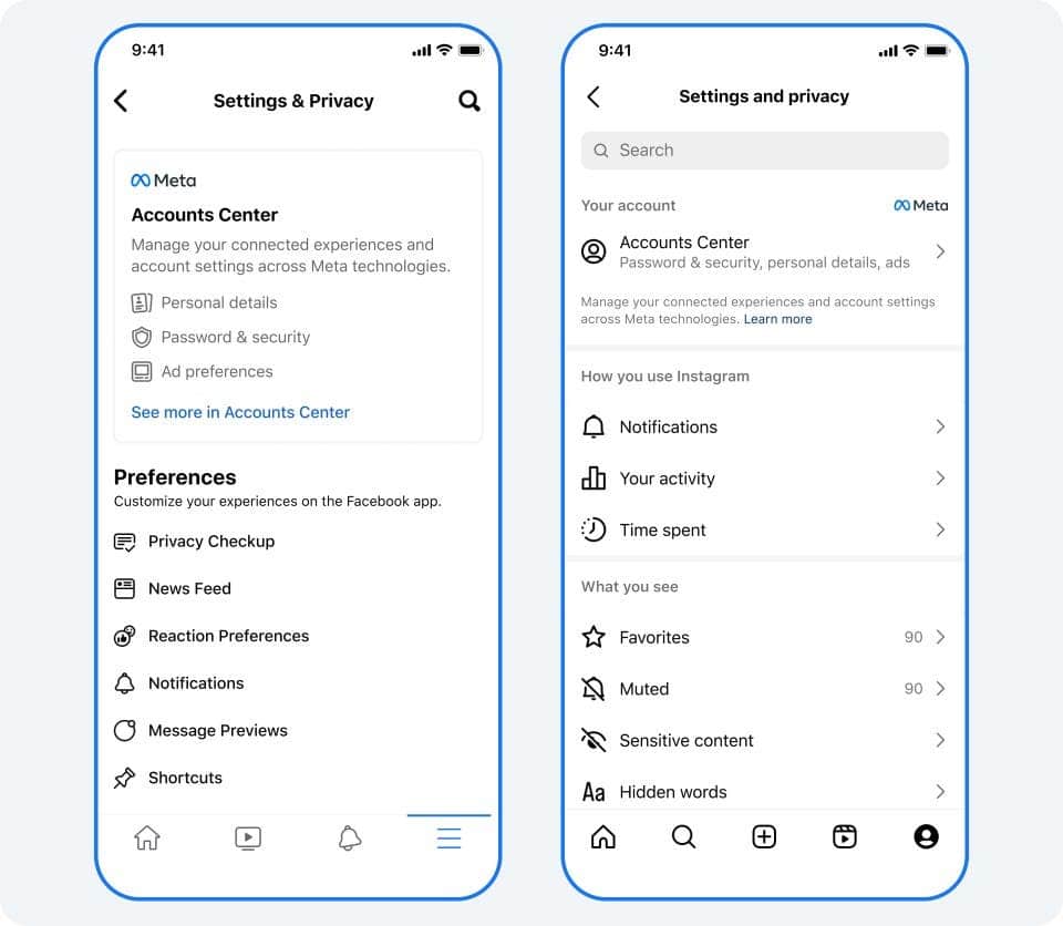Settings and Privacy on Instagram and Facebook