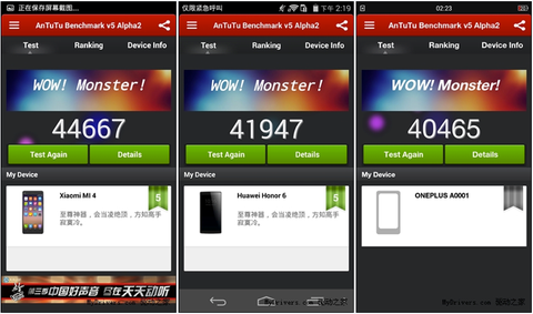 xiaomi Mi4 vs Huawei Honor 5 vs OnePlus One Antutu V5 Benchmarks